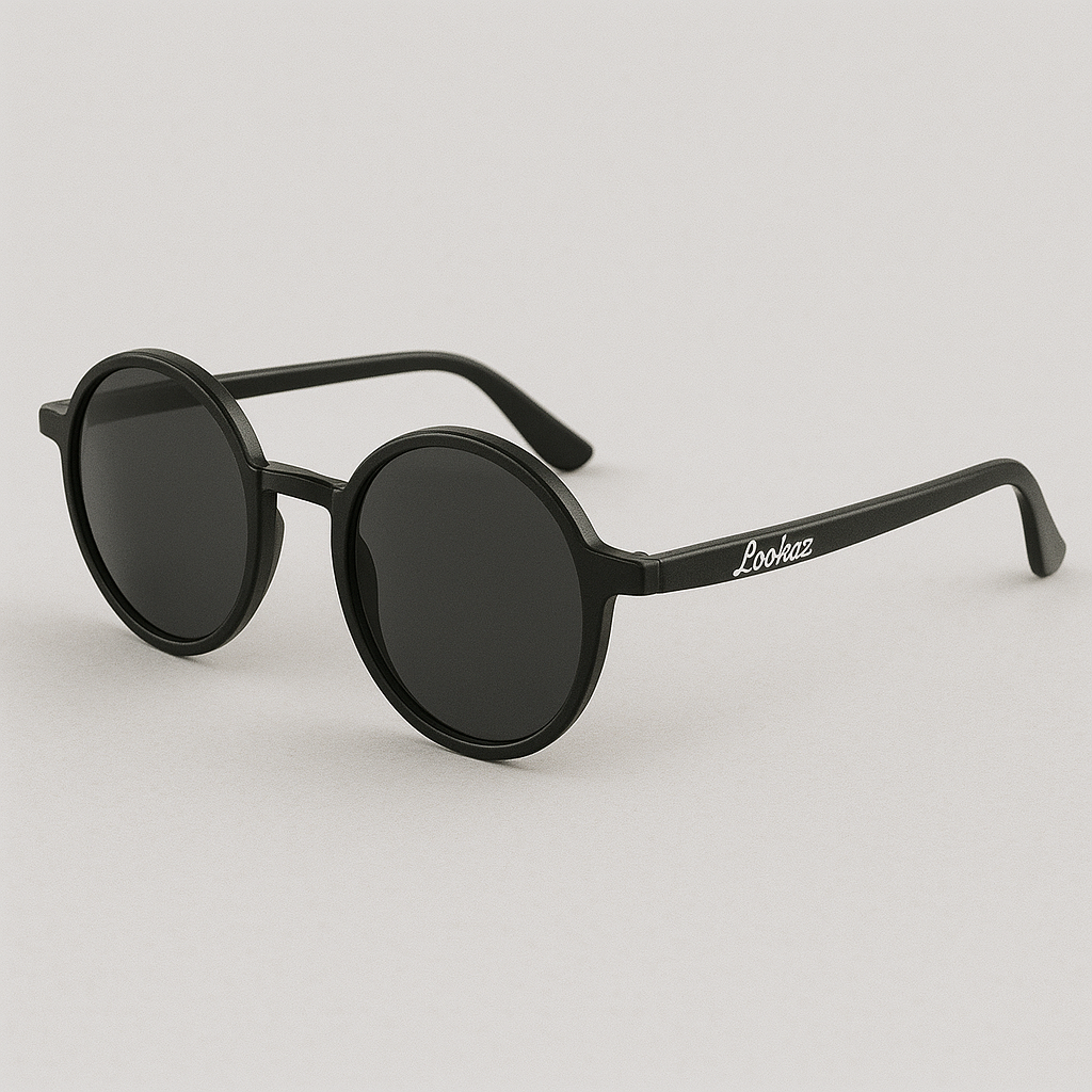Black round sunglasses with 'Lookhuz' branding on a light gray background