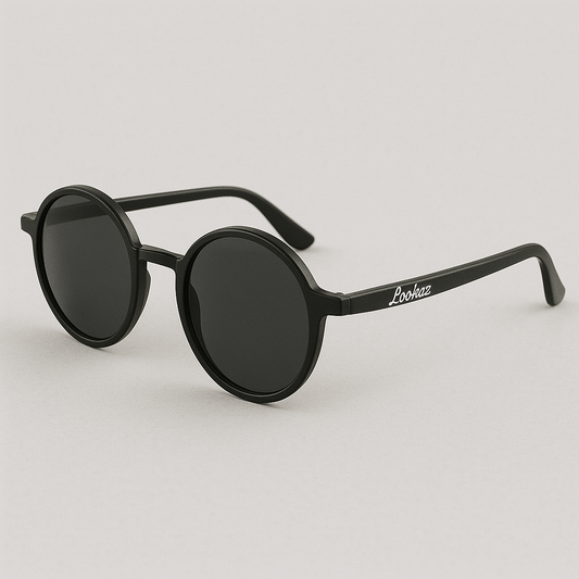 Black round sunglasses with 'Lookhuz' branding on a light gray background